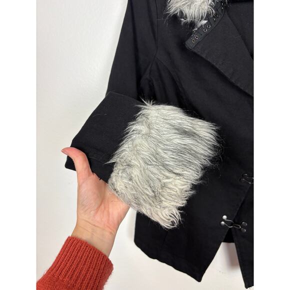 TRIPP NYC Y2K Steampunk Gothic Core Hook Front Faux Fur Black Denim Jacket Large - Picture 6 of 7